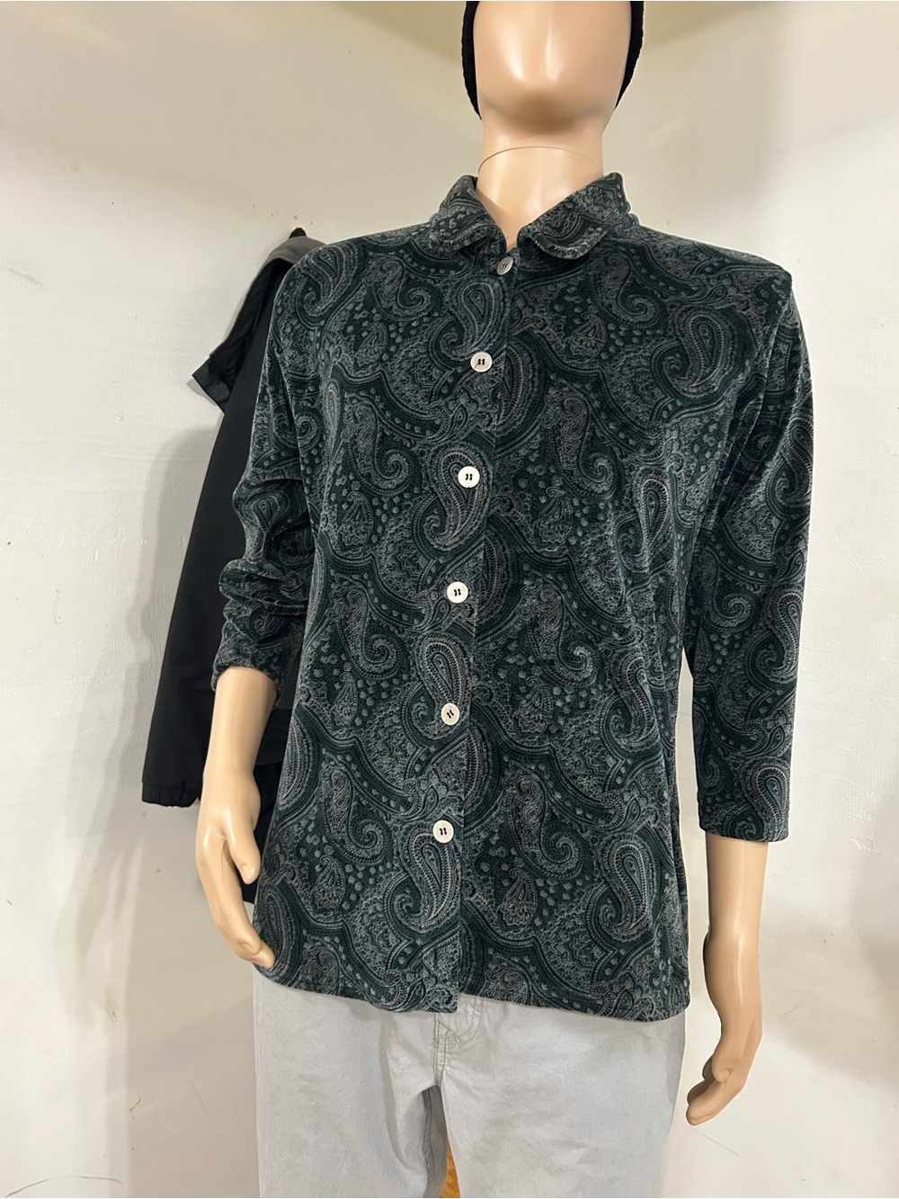 Liz Claiborne Dark Green Paisley Velvet Button-Up Blouse